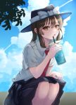  1girl absurdres bow breasts brown_eyes brown_hair cloud cumulonimbus_cloud cup drinking_straw erisauria fedora feet_out_of_frame hair_between_eyes hat hat_bow highres holding holding_cup leaf looking_at_viewer medium_hair necktie open_mouth outdoors red_necktie short_sleeves sky small_breasts solo sparkle squatting touhou usami_renko white_bow wing_collar 