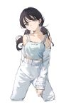  1girl black_hair camisole choker closed_mouth collarbone commentary cropped_legs english_commentary grey_eyes head_tilt highres jacket kamatpit long_hair long_sleeves looking_at_viewer low_twintails off_shoulder open_clothes open_jacket original pants simple_background sleeves_past_wrists solo twintails white_background white_camisole white_choker white_jacket white_pants 