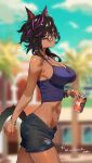  1girl absurdres animal_ears black-framed_eyewear black_hair blue_camisole blurry blurry_background bracelet breasts camisole can cat_ears cat_tail cleavage commission cowboy_shot dark-skinned_female dark_skin denim denim_shorts final_fantasy final_fantasy_xiv from_side glasses highres holding holding_can ibaraki_shun jewelry large_breasts long_hair looking_at_viewer midriff miqo&#039;te multicolored_hair pendant purple_eyes shorts skeb_commission smile solo streaked_hair tail two-tone_hair warrior_of_light_(ff14) 