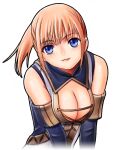  1girl archived_source avatar_(ff11) bare_shoulders blonde_hair blue_eyes breasts breasts_squeezed_together cleavage closed_mouth crossed_bangs final_fantasy final_fantasy_xi hume medium_breasts pink_lips ponytail ringed_eyes short_hair simple_background smile solo split_mouth taisai_soft upper_body white_background 