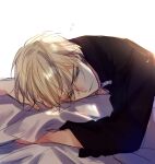  1boy black_shirt blonde_hair blue_eyes eiyuu_densetsu head_rest jusis_albarea long_sleeves looking_down male_focus on_bed sen_no_kiseki sen_no_kiseki_iv shirt simple_background soap_(user_kghh4755) upper_body white_background 