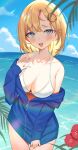  1girl beach bikini blonde_hair blue_eyes blue_hoodie blue_sky blush bob_cut breasts cleavage clothes_pull cloud cloudy_sky collarbone day detective flower gukurosawa01 hair_ornament halterneck highres hololive hololive_english hood hoodie large_breasts looking_at_viewer monocle_hair_ornament ocean open_mouth outdoors palm_tree pulled_by_self short_hair sky smile solo swimsuit thighs tree virtual_youtuber watson_amelia white_bikini zipper 