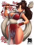  1girl artist_name bare_shoulders breasts brown_eyes brown_hair character_name cowboy_shot fatal_fury hand_fan hand_on_own_hip high_ponytail highres japanese_clothes kainan kimono looking_at_viewer pelvic_curtain red_kimono revealing_clothes shiranui_mai smile solo the_king_of_fighters thighs 