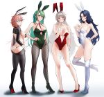  4girls absurdres animal_ears azur_lane bare_legs boots breasts cl_(summer_sama) commission fishnet_pantyhose fishnets full_body high_heels highres impero_(azur_lane) knee_boots large_breasts littorio_(azur_lane) long_hair looking_at_viewer meme_attire multiple_girls pantyhose pixiv_commission playboy_bunny rabbit_ears rabbit_tail reverse_bunnysuit reverse_outfit roma_(azur_lane) simple_background tail thong vittorio_veneto_(azur_lane) white_background 