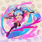  1girl black_thighhighs blue_eyes blue_hair hand_fan hatsune_miku holding holding_sword holding_weapon kianamosser long_hair open_mouth patterned_background pink_footwear simple_background smile solo splatana_wiper_(splatoon) splatoon_(series) sword tentacle_hair thighhighs very_long_hair vocaloid weapon 