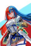  1girl alear_(awoken_divinity)_(fire_emblem) alear_(female)_(fire_emblem) alear_(fire_emblem) blue_eyes blue_gloves blue_hair cape closed_mouth cowboy_shot crossed_bangs fire_emblem fire_emblem_engage fire_emblem_heroes gloves glowing glowing_hand hair_between_eyes heterochromia highres long_hair looking_at_viewer multicolored_hair official_alternate_costume red_eyes red_hair smile solo two-tone_hair very_long_hair yuurururun 