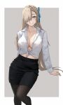  1girl alternate_costume asuna_(blue_archive) black_skirt blonde_hair blue_archive blue_eyes blue_ribbon border breasts clisapex collarbone cowboy_shot grin hair_over_one_eye hair_ribbon highres large_breasts long_hair looking_at_viewer mole mole_on_breast navel office_lady pantyhose pencil_skirt revision ribbon shirt skirt smile solo tied_shirt very_long_hair white_border white_shirt 