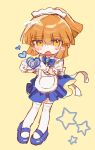  1girl apron arle_nadja blue_skirt blush brown_hair chisaunan heart highres looking_at_viewer madou_monogatari maid maid_apron maid_headdress ponytail puyopuyo skirt solo star_(symbol) yellow_background yellow_eyes 