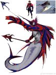  1boy abs absurdres adapted_costume fish_request from_side full_body harpoon highres holding holding_weapon horns large_horns male_focus marvel merman miguel_o&#039;hara monster_boy monsterification muscular muscular_male navel print_bodysuit reference_inset single_horn solo spider-man:_across_the_spider-verse spider-man_(2099) spider-man_(series) spider-verse superhero two-tone_bodysuit weapon yingou_li_de_wenyi_zhi_yuan 