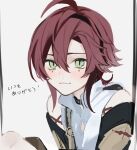  1boy ahoge armor black_choker blush choker closed_mouth commentary_request dark_red_hair genshin_impact green_eyes hairband hnnoo japanese_armor looking_at_viewer male_focus mole mole_under_eye multicolored_hair multiple_moles portrait red_hair shikanoin_heizou shirt short_hair simple_background smile solo streaked_hair translation_request two-tone_hair white_background white_shirt 