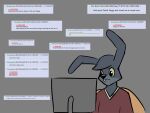  4chan angel_hare angel_zaggy annoyed anthro buckteeth computer feathered_wings feathers fur grey_body grey_fur lagomorph leporid male mammal rabbit solo teeth unknown_artist wings 