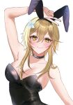  1girl absurdres animal_ears arm_up armpits black_choker black_leotard blonde_hair blush breasts choker commentary fake_animal_ears flower genshin_impact hair_between_eyes hair_flower hair_ornament highres large_breasts leotard looking_at_viewer lumine_(genshin_impact) playboy_bunny rabbit_ears short_hair_with_long_locks simple_background smile solo strapless strapless_leotard v white_background white_flower yaduki100 yellow_eyes 