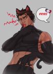  ! 1boy ? abs absurdres animal_ears bara cat_ears cat_tail claws crop_top dark-skinned_male dark_skin dopanin elbow_gloves fangs gloves hair_slicked_back highres large_pectorals licking licking_finger male_focus marvel mature_male miguel_o&#039;hara muscular muscular_male pectorals red_eyes sidepec skin_tight sleeveless sleeveless_turtleneck solo spider-gwen spider-man spider-man:_into_the_spider-verse spider-man_(miles_morales) spider-man_(series) spoken_exclamation_mark spoken_question_mark tail thick_eyebrows turtleneck 