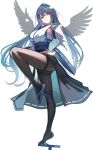  1girl :&gt; amisu angel_wings bird_wings black_wings blue_hair breasts dark_blue_hair detached_sleeves feathered_wings geta hair_between_eyes hand_on_own_hip hat highres huge_breasts iizunamaru_megumu kourindou_tengu_costume light_blush light_smile long_hair pantyhose pom_pom_(clothes) red_eyes sideboob single_wing solo standing standing_on_one_leg tengu-geta tokin_hat touhou very_long_hair white_wings wide_sleeves wings 