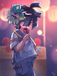  1boy ahoge black_hair blurry blurry_background blush candy_apple character_mask commentary_request crossed_bangs eating food gurumin_(gurruguru) hair_between_eyes hairband hand_up holding kieran_(pokemon) looking_at_viewer male_focus mask mask_on_head night outdoors pokemon pokemon_(game) pokemon_sv shirt short_hair short_sleeves shorts solo white_shirt white_shorts yellow_eyes yellow_hairband 