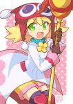  1girl amitie_(puyopuyo) blonde_hair blush dadadanoda gloves green_eyes heart highres holding holding_staff looking_at_viewer open_mouth pink_background puyopuyo red_amitie red_headwear short_hair shorts solo staff 