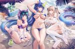  3girls anchorage_(azur_lane) anchorage_(dolphins_and_swim_lessons)_(azur_lane) azur_lane beach bikini breasts cheshire_(azur_lane) cheshire_(summery_date!)_(azur_lane) cleavage cooler cup drinking_glass feet food fruit highres large_breasts lime_(fruit) looking_at_viewer lying mojito multiple_girls new_jersey_(azur_lane) new_jersey_(midsummer_leisure)_(azur_lane) no_shoes official_alternate_costume on_back on_side one_eye_closed seiza sitting soles stardust_(chen&#039;ai_weiding) swimsuit thighhighs white_thighhighs 