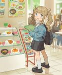 1girl :d backpack bag black_footwear black_skirt blonde_hair blue_cardigan blue_eyes blunt_bangs blush cardigan collared_shirt commentary_request commission cure_(vtuber) curry curry_rice food full_body highres holding holding_tray indie_virtual_youtuber indoors kneehighs long_hair long_sleeves looking_at_viewer noodles open_mouth people pleated_skirt poster_(object) ramen rice shirt shoes skeb_commission skirt smile socks solo solo_focus standing sumika_inagaki table tray twintails virtual_youtuber white_shirt 