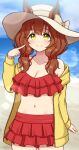  1girl absurdres alternate_costume alternate_hairstyle aston_machan_(umamusume) beach bikini bikini_skirt blurry blurry_background blush breasts brown_hair cleavage closed_mouth cloud collarbone commentary_request cowboy_shot ears_through_headwear frilled_bikini frills green_eyes hair_between_eyes hat highres hokutoro64 horse_girl jacket jacket_partially_removed medium_breasts ocean partial_commentary pointing pointing_at_self red_bikini sky smile solo sun_hat swimsuit umamusume 