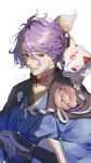  1boy animal_on_shoulder fox green_eyes hair_between_eyes highres kasen_kanesada long_sleeves pectoral_cleavage pectorals purple_hair sheath sheathed shiki0430mk short_hair signature simple_background sword tassel touken_ranbu traditional_clothes weapon white_background wide_sleeves 