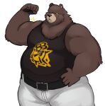  2023 anthro bear belly ben_(zenless_zone_zero) big_belly bottomwear brown_body brown_fur clothing fur hi_res humanoid_hands male mammal mihoyo overweight overweight_male pants scar shirt shyybuchi simple_background solo topwear white_background zenless_zone_zero 