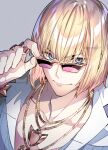  1boy adjusting_eyewear artist_name blonde_hair blue_eyes bob_cut fate/grand_order fate_(series) jewelry looking_at_viewer male_focus moru muscular muscular_male necklace pectoral_cleavage pectorals ring sakata_kintoki_(fate) shirt short_hair simple_background solo sunglasses upper_body white_background white_shirt 