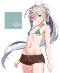  1girl ahoge ame-san asashimo_(kancolle) bikini breasts brown_shorts collarbone cowboy_shot dated green_bikini green_eyes grey_hair hair_over_one_eye highres kantai_collection long_hair looking_at_viewer micro_shorts navel ponytail shorts small_breasts smile solo standing swimsuit very_long_hair white_background 