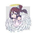  1girl angel angel_wings armband breasts brown_hair choker dress feather_hair_ornament feathered_wings feathers frilled_armband frills grey_background hair_between_eyes hair_ornament halo highres idolmaster idolmaster_million_live! kasuga_mirai kelvin1996c long_hair looking_at_viewer medium_breasts side_ponytail sidelocks sleeveless sleeveless_dress smile solo upper_body white_dress wings yellow_choker yellow_eyes 