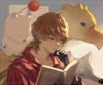  1boy animal black_gloves blue_eyes book chocobo closed_mouth collarbone collared_shirt commentary_request dog final_fantasy final_fantasy_xvi gloves hair_between_eyes hand_on_own_chin hand_up highres holding holding_book indoors joshua_rosfield light_brown_hair male_focus moogle open_book ouka_(stan) reading red_shirt shirt short_hair torgal_(ff16) twitter_username upper_body 