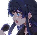  1girl black_shirt blue_eyes blue_hair blush commentary_request hand_up holding holding_microphone idolmaster idolmaster_million_live! idolmaster_million_live!_theater_days lockheart microphone mogami_shizuka open_mouth shirt simple_background solo sweat upper_body white_background 