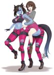  2girls black_hair black_sports_bra blue_skin breasts brown_eyes centaur choker colored_skin commentary_request extra_legs gloria_(pokemon) green_eyes green_socks high_heels horse_tail kirisaki_byakko large_breasts marnie_(pokemon) medium_hair monsterification mounting multiple_girls open_mouth pantyhose pokemon pokemon_(game) pokemon_swsh signature skirt socks sports_bra tail taur torn_clothes torn_pantyhose 