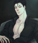  2boys absurdres black_hair black_shirt blue_eyes brown_hair fellatio grey_background highres implied_fellatio jin_cheong-woo large_pectorals looking_at_viewer male_focus matthew_raynor multiple_boys open_clothes open_shirt oral pearl_mkmm pectorals scar scar_on_face scar_on_forehead shirt short_hair sitting under_the_greenlight yaoi 