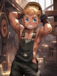  1boy absurdres ai-assisted arms_behind_head blonde_hair blue_eyes blurry blurry_background chinese_commentary commentary commentary_request cowboy_shot dark_skin facing_viewer fairwind gloves hardhat helmet highres looking_to_the_side male_focus original overalls smile solo teeth toned toned_male 