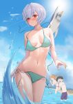  1boy 2girls absurdres animal aqua_bikini areola_slip ayanami_rei beach bikini bird blue_sky breasts clenched_teeth cloud collarbone cowboy_shot day embarrassed groin highres ikari_shinji medium_breasts multiple_girls navel neon_genesis_evangelion ocean outdoors parted_lips penguin penpen red_eyes sasasa_r_23 short_hair sky solo_focus souryuu_asuka_langley splashing stomach sunlight swimsuit teeth thighs untied_bikini wardrobe_malfunction water white_hair 