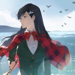  1girl black_hair blue_eyes breasts burn_the_witch capelet green_jacket hair_behind_ear half-closed_eyes highres jacket large_breasts long_hair long_sleeves looking_to_the_side niihashi_noel parted_lips plaid_cape plaid_capelet profile red_capelet shirt white_shirt zzz_zhi_he 