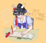  1girl animal_ears black_hair blue_eyes bow bowtie breasts chair closed_mouth crossed_bangs eraser frown hair_between_eyes holding holding_pencil horse horse_ears katsuragi_ace_(umamusume) mechanical_pencil motion_lines multicolored_hair new_(new21u) notebook pencil pencil_case ponytail purple_shirt sailor_collar school_uniform shirt short_hair short_sleeves sitting small_breasts solo streaked_hair table thought_bubble tracen_school_uniform translation_request twitter_username umamusume v-shaped_eyebrows watermark writing yellow_background 