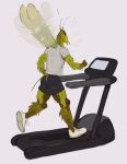  2023 absurd_res anthro arthropod biped bottomwear butt clothed clothing cricket digital_media_(artwork) english_text eyebrows footwear fully_clothed green_body hi_res insect kogito male muscular muscular_anthro muscular_male muscular_thighs orthopterid quads shirt shoes shorts sneakers solo text thick_thighs topwear treadmill wings 