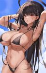  1girl absurdres arms_up bikini black_bikini black_hair blue_archive blue_sky breasts cleavage hair_ornament hairclip halo highleg highleg_swimsuit highres kithera large_breasts long_hair navel parted_lips red_eyes rio_(blue_archive) skindentation sky solo stomach swimsuit very_long_hair wet 