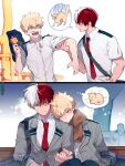  2boys :3 anger_vein angry arm_grab artist_name bag bakugou_katsuki blank_eyes blazer blonde_hair blue_bag blue_eyes blush boku_no_hero_academia brown_scarf burn_scar buttons cactusnabe cat collared_shirt commentary_request flower_(symbol) food grey_jacket hair_between_eyes hand_up head_on_another&#039;s_shoulder highres holding holding_food jacket lapels long_sleeves looking_at_another male_focus multicolored_hair multiple_boys necktie nose_blush one_eye_closed open_mouth parted_lips popsicle red_hair red_necktie scar scar_on_face scarf school_bag school_uniform shirt short_sleeves shoulder_bag sideways_glance simple_background sitting smile sparkle spiked_hair split-color_hair split_mouth standing teeth thought_bubble todoroki_shouto tongue twitter_username two-tone_hair u.a._school_uniform v-shaped_eyebrows white_background white_hair white_shirt wing_collar yaoi 