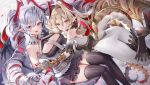  2girls argente_purest_silver_(shadowverse) ass bare_shoulders belt belt_buckle between_breasts black_skirt blonde_hair blush boots breasts buckle cleavage_cutout closed_mouth clothing_cutout dragon_girl dragon_horns dragon_tail dragon_wings drill_hair earrings feather_earrings feathers feet_out_of_frame foot_out_of_frame grey_eyes grey_hair hair_between_eyes high_collar highres holding_hands horns intertwined_tails jewelry kouyafu large_breasts long_hair looking_at_viewer looking_back lumiore_prestigious_gold_(shadowverse) lying monster_girl multicolored_hair multiple_girls multiple_horns necktie necktie_between_breasts official_art on_back on_stomach open_mouth pantyhose pleated_skirt pointy_ears red_hair scales serious shadowverse siblings sideboob simple_background single_wing sisters skin_tight skirt slit_pupils smile spikes straight_hair tail thick_thighs thighhighs thighs twintails white_background wings yellow_eyes zettai_ryouiki 