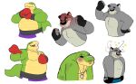  2023 absurd_res alligator alligatorid anthro art7drag belly biped bottomwear boxing_gloves boxing_shorts brok_(character) brok_the_investigator clothing crocodilian domestic_cat felid feline felis graff_filsh green_body grey_body handwear hi_res humanoid_hands male mammal musclegut reptile scalie scar shorts simple_background white_background 