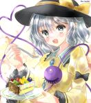  1girl adapted_costume black_headwear blouse blush bow breasts cake cake_slice cherry collared_shirt food fork frilled_shirt_collar frilled_sleeves frills fruit grey_eyes grey_hair hair_between_eyes hajike_akira happy hat hat_bow hat_ribbon head_tilt heart heart-shaped_pupils heart_of_string highres holding holding_fork holding_plate juliet_sleeves kiwi_(fruit) komeiji_koishi large_hat long_sleeves looking_at_viewer one-hour_drawing_challenge open_mouth plate puffy_sleeves ribbon shirt small_breasts solo symbol-shaped_pupils teeth third_eye touhou upper_body upper_teeth_only yellow_bow yellow_ribbon yellow_shirt 