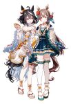  2girls :d absurdres ahoge animal_ears arrow_(projectile) bare_shoulders black_hair brown_eyes brown_hair detached_sleeves flower food frilled_skirt frilled_sleeves frills full_body geta hair_flower hair_ornament hamaya happy_new_future_(umamusume) highres holding holding_arrow horse_ears horse_girl horse_tail kitasan_black_(jubilant_star_auspicious_crane)_(umamusume) kitasan_black_(umamusume) long_hair low_ponytail migolu mochi multicolored_hair multiple_girls official_alternate_costume okobo pleated_skirt red_eyes satono_diamond_(floral_star_prosperous_green)_(umamusume) satono_diamond_(umamusume) short_hair simple_background skirt smile standing streaked_hair tabi tail thighhighs two-tone_hair umamusume very_long_hair white_background white_hair white_thighhighs wide_sleeves 