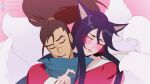  1boy 1girl absurdres ahri_(league_of_legends) animal_ears artist_name black_hair blush brown_hair fox_ears fox_girl fox_tail glowing glowing_eyes highres hug hug_from_behind league_of_legends long_hair odeko_yma pink_background ponytail saliva scar scar_on_face scar_on_nose simple_background sleeping tail teeth watermark yasuo_(league_of_legends) 