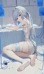  1girl absurdres amane_kanata angel_wings bandaged_arm bandaged_leg bandages barefoot blue_hair colored_inner_hair commentary_request feathers feet full_body grey_hair hair_intakes hair_ornament highres hololive indoors intravenous_drip legs long_hair looking_at_viewer mini_wings multicolored_hair parted_lips pill pink_hair purple_eyes sidelocks sitting soles solo stoner08 streaked_hair toes twintails virtual_youtuber white_feathers white_wings wings x_hair_ornament yokozuwari 