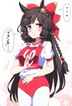  ... 1girl absurdres animal_ears black_hair blush bow buruma daiichi_ruby_(umamusume) drill_hair flower gym_shirt hair_bow hair_flower hair_ornament highres horse_ears horse_girl long_hair looking_to_the_side nerukichikatafukuma original_race_uniform_(umamusume) pantyhose purple_eyes race_bib red_bow red_buruma shirt short_sleeves solo umamusume white_pantyhose white_shirt 