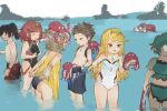  3boys 4girls aged_down anger_vein angry animal animal_ear_fluff animal_ears animal_on_head ass backpack bag blonde_hair brown_hair cat_ears chest_jewel daible dress gloves grey_hair highres holding holding_animal leaning_forward male_swimwear multiple_boys multiple_girls mythra_(radiant_beach)_(xenoblade) mythra_(xenoblade) nia_(fancy_sundress)_(xenoblade) nia_(xenoblade) noah_(xenoblade) octopus official_alternate_costume on_head one-piece_swimsuit open_mouth pandoria_(beach_date)_(xenoblade) pandoria_(xenoblade) partially_submerged pout pyra_(pro_swimmer)_(xenoblade) pyra_(xenoblade) red_hair rex_(cloud_sea_shark)_(xenoblade) rex_(xenoblade) smile sound_effects sundress swim_trunks swimsuit tentacles tiara water wet wet_clothes wet_hair xenoblade_chronicles_(series) xenoblade_chronicles_2 xenoblade_chronicles_3 zeke_von_genbu_(surfinator)_(xenoblade) zeke_von_genbu_(xenoblade) 
