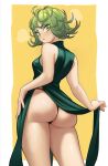  1girl :o ass bare_arms breasts commentary cowboy_shot curly_hair dress from_behind green_dress green_eyes green_hair highres lentiyay looking_at_viewer looking_back one-punch_man open_mouth short_hair solo standing symbol-only_commentary tatsumaki thighs thong 