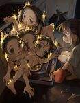  5girls artist_name barefoot brown_eyes brown_hair burning commentary completely_nude covering_mouth fire grey_shirt half-closed_eye hand_to_own_mouth highres indoors ishida_umi long_hair looking_at_another looking_at_viewer lying multiple_girls nude open_mouth original oven oven_mitts oversized_clothes oversized_shirt shirt squatting trash_bag watermark 