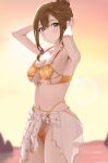  absurdres armpits arms_behind_head arms_up bikini blush breasts brown_eyes brown_hair commentary dead_or_alive dead_or_alive_xtreme hair_between_eyes highres hoki1314 long_hair looking_at_viewer medium_breasts misaki_(doa) smile sunset swimsuit thighs water 
